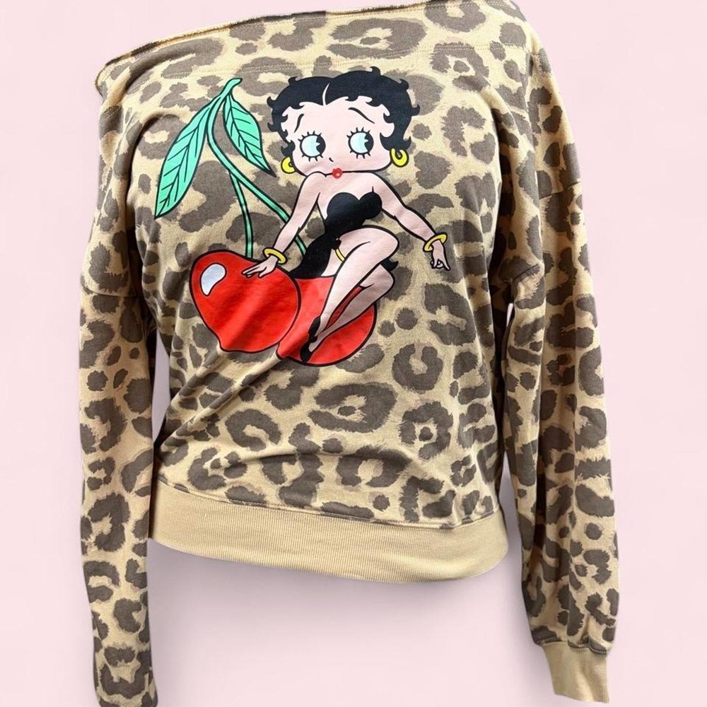 Betty Boop Leopard Print Off-Shoulder Sweatshirt Graphic Cherry Retro Tan Medium